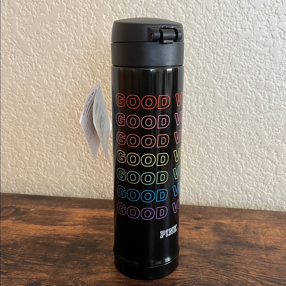 🆕 Victorias Secret Pink Rainbow GOOD VIBES Stainless Steel Thermos Travel 15 oz